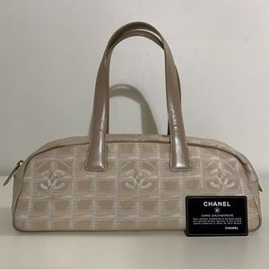 Authentic Chanel Travel Line Beige Jacquard Nylon Mini Boston Bag